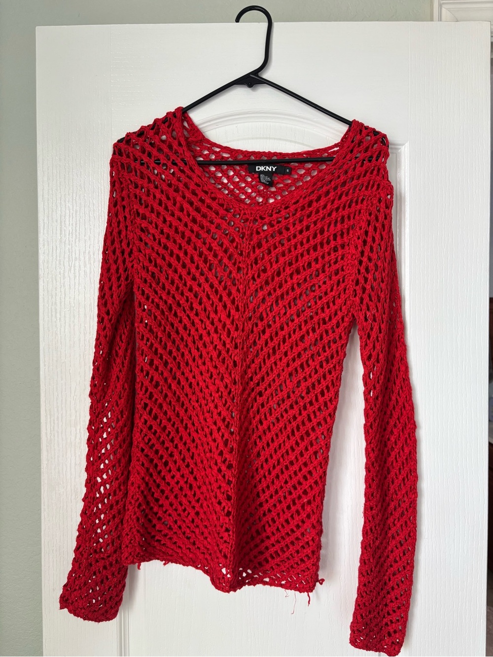 DKNY Red Open-Knit V-Neck Sweater Top